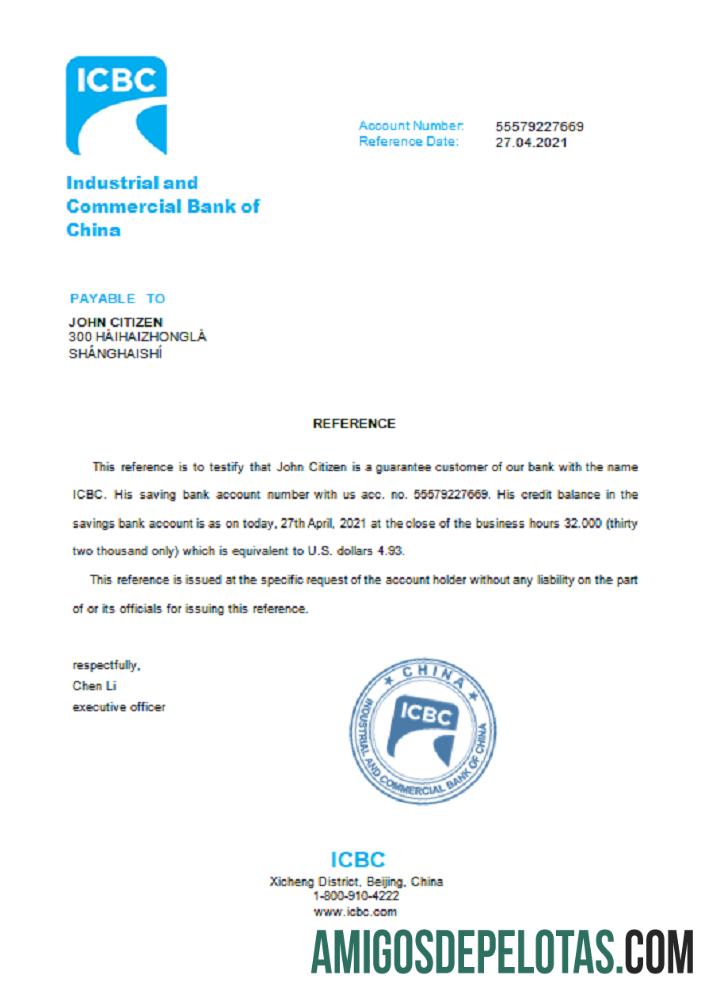 Referência do Banco Industrial e Comercial da China amostra